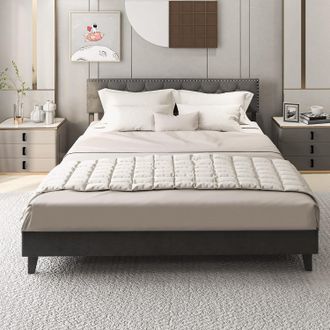 Costway Costway Estructura De Cama Tapizada, 200 X 180 Cm, Marco De Cama Con Cabecero Acolchado, Somier De L&aacute;minas De Madera Carga 450kg