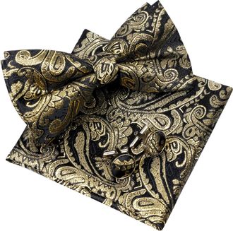 Alizeal Mens Retro Paisley Pre-tied Bow Tie, Pocket Square and Cufflinks Set, Black+Gold