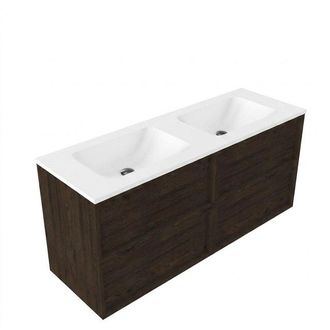 Saniclass Holz Frame Badkamermeubelset - 140x45x77.5cm - Torino solid surface wastafel wit - zonder kraangat - 4 lades - mat eiken charcoal (hout)