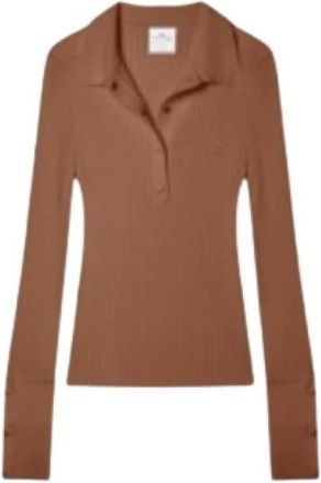 Courr&egrave;ges Polo shirt met ribgebreide lange mouwen - Dames - Polos - Bruin - S - Leer - Tops
