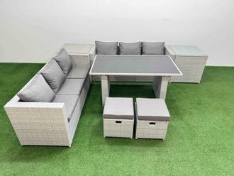 Fimous 8-seater Patio Rectangular Table Sofa Set with 2 Side Tables 2 Stools in Light Grey