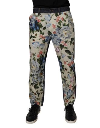 Dolce & Gabbana Beige Blue Floral Cotton Men Denim Jeans Clothing