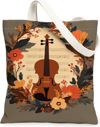 Generic Violin Floral Canvas Tote Bags, Vintage Flower Pattern Lightweight Reusable Grocery Bags, Autumn Music Theme Washable Shoul, Brown, 13x15 Inch