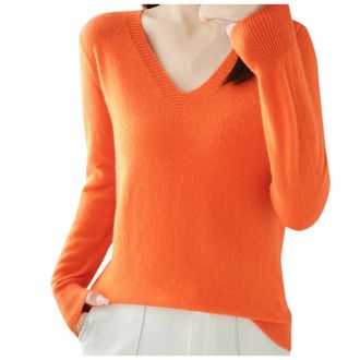 Generic Womens Knit Jumpers V Neck Red Beige Pink Plain Orange Sweatshirt Ladies Regular-Fit Casual Classic Pullover Long Sleeve Lightweight Jumper Tops Blous