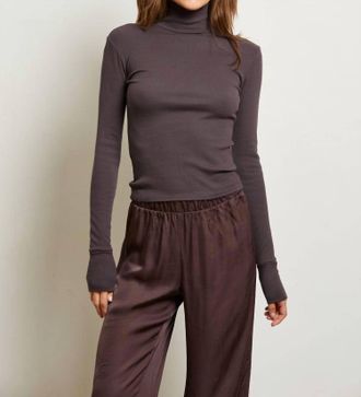 perfectwhitetee Hayden Luxe Rib Turtle Neck Top In Cocoa Brown