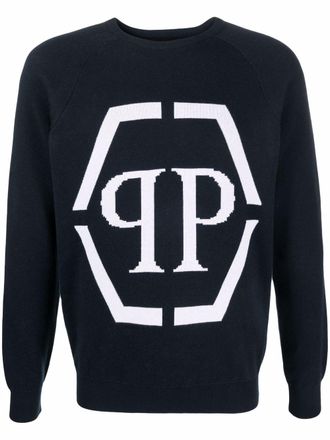 Philipp Plein intarsia-logo crewneck sweater - men - Cotton - XXXL - Blue