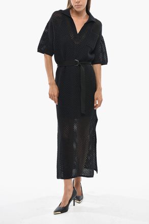 Brunello Cucinelli Crochet Cotton Maxi Dress With Belt And Pocket Brunello Cucinelli