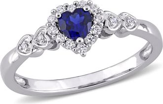 Amour 3/8 CT TGW Created Blue Sapphire White Sapphire and Diamond Accent Halo Heart Ring In Sterling Silver