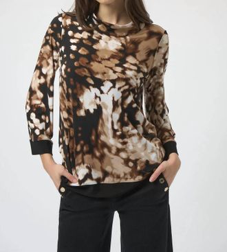 Joseph Ribkoff Animal Print Mock Neck Long Sleeves Top In Beige/black