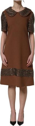 Dolce & Gabbana Shift Midi Jurk - Dames - Feestkleedjes - Bruin - S - Wol - Kleedjes