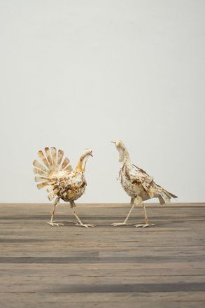 Kalalou Set Of Two Antique White Metal Turkeys