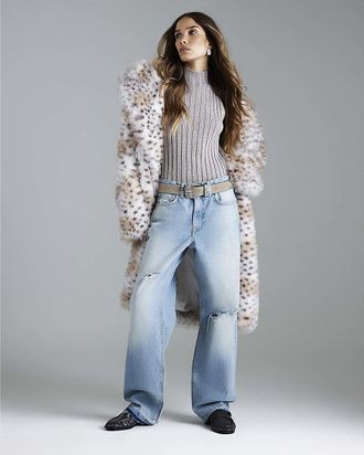 River Island Womens Longline Coat Cream Faux Fur Leopard Print - Size Medium