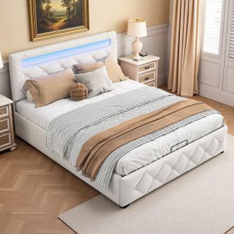 OEM Cama Lit 160x200 Cm - Pocketpop - Con Led Regulable - Almacenamiento Hidr&aacute;ulico - Terciopelo Beige