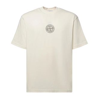 Stone Island Tops, Heren, Beige, M, Katoen, Low Infos Print T-Shirt