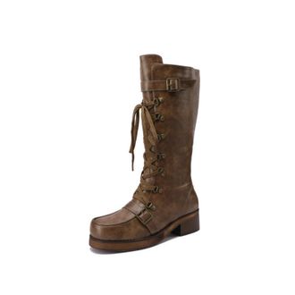 Generic Womens Lace Up Knight Boots with Buckle Round Toe PU Leather Retro Dress Shoes Block Heel Platform Long Boot,Coffee,4.5 UK