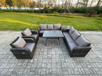 Fimous 8 Seater Rattan Outdoor Garden Furniture Sofa Set Patio Table & Chairs Set with 3 Seater Sofa Rectangular Dining Table Side Table in Dark Grey