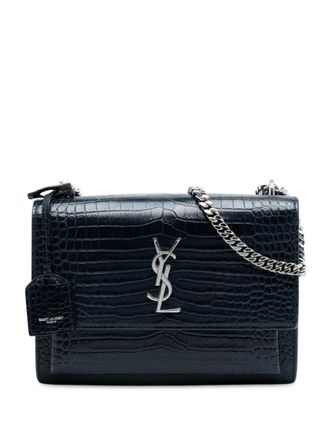 Saint Laurent Borsa a tracolla Sunset media con design trapuntato effetto coccodrillo e monogramma 2018 - Nero