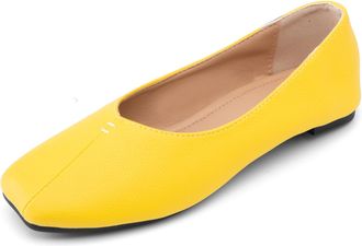 Generic Thin Sole & Pebbled Leather Ballet Flats for Women (Sizes 32-54) 1cm Square Toe Slip-On Shoes - Lightweight Wide Fit Spring & Fall,Yellow,1.5 UK