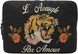 Gucci Pre-owned Accessories, female, Black, Size: ONE SIZE Pre-owned Embroidery Nylon Canvas Laptop Case