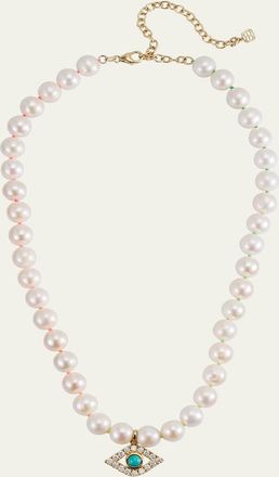 Sydney Evan 14K Large Turquoise Evil Eye Charm on Freshwater Pearl Necklace