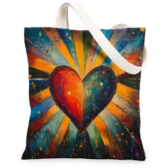 Generic Heart Canvas Tote Bags, Colorful Art Design Reusable Grocery Bags, Vibrant Bohemian Lightweight Washable Shoulder Strap for Travel Beach 13x15 Inch