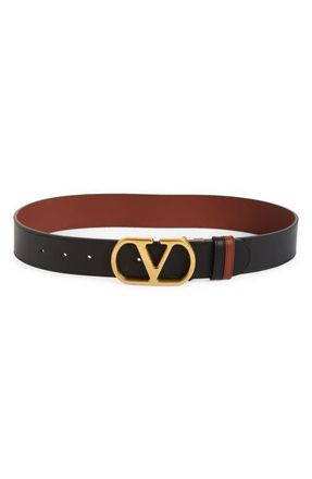 Valentino Garavani VLOGO Signature Reversible Leather Belt in Black/Camel at Nordstrom, Size 70