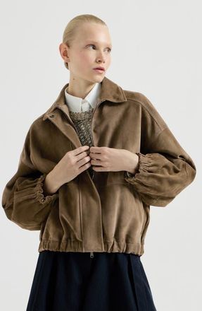 Brunello Cucinelli Couture suede outerwear jacket with shiny zipper pull in Origano at Nordstrom, Size 40