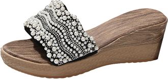 Generic Womens Slippers Fashionable And Casual Wedge Heeled Thick Soled Beach Platform Sandals For Women Rhinestone Summer Comfortable Shoes (6.5)