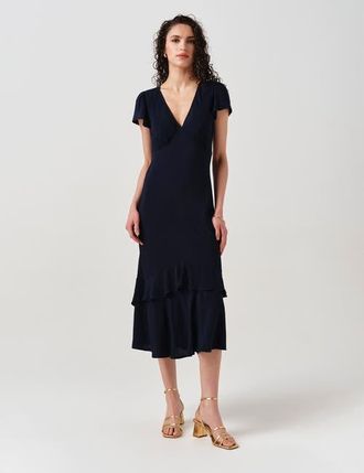 Ghost London Corinne Frill Crepe Midi Dress in Navy at Nordstrom, Size 14