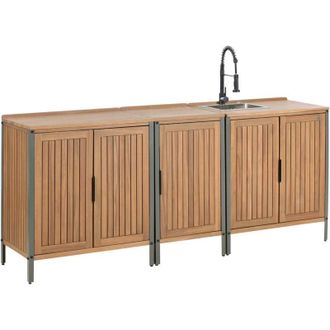 Beliani Cucina da esterno 3 elementi in legno di acacia massiccio marrone e nero con lavello in acciaio inox e ripiani Ivrea