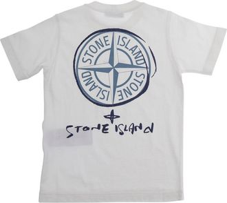Stone Island Boys T-Shirt Crew Neck Maxi Logo Print White Cotton T-Shirts And Polos