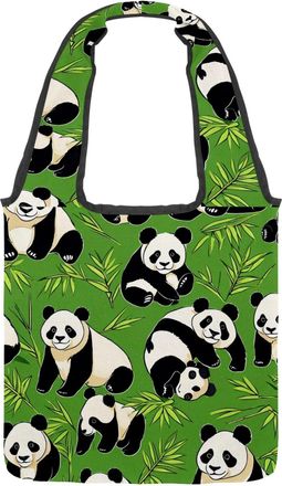 Generic Cute Panda on Green Reversible Canvas Shoulder Tote - Double-Sided Print, 12oz Cotton, 27cm Drop, Fold-Flat Bag for Travel, Shopping, Street Outings