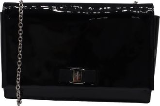 Ferragamo Vara Bow Chain Shoulder Bag in Black Patent Leather