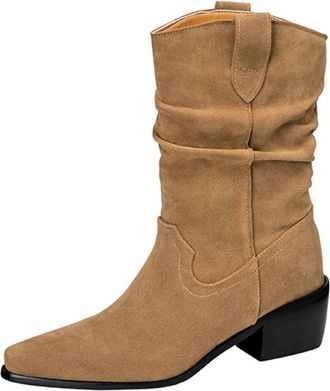 Generic Women Retro Pointed Closed Toe Suede Mid Calf Cowboy Boots Ruched Design Low Block Heels Pull Tab Slip On Comfortable Durable Fashion,Khaki,8.5 UK
