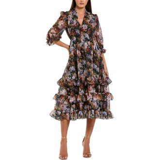 Mac Duggal Chiffon 3/4 Sleeve A Line Midi Dress With Ruffles in Black Multi at Nordstrom, Size X-Large