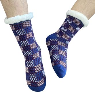 Generic Men Slipper Fuzzy Socks Cozy Cabin Warm Winter Soft Thick Comfy Fleece Non Slip Home Socks Running Socks Medium (Blue, One Size)