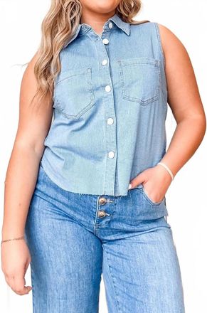 Tribal Crop Sleeveless Denim Button Down Shirt In Baja Blue