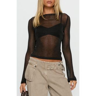 Princess Polly Perfect Mirage Metallic Sheer Crop Sweater in Black at Nordstrom, Size 12