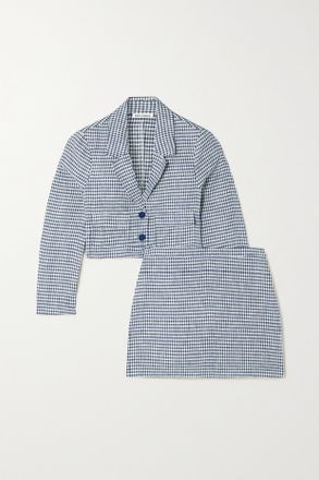 Reformation Completo Blazer Corto E Minigonna In Lino A Quadretti Elton - Blu