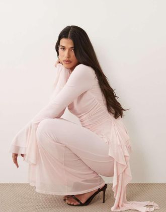 Asos Vestito lungo in rete rosa con arricciature e volant
