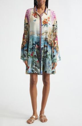 Camilla Bodrum Botanicals Print Long Sleeve Tiered Silk Shirtdress at Nordstrom, Size Medium