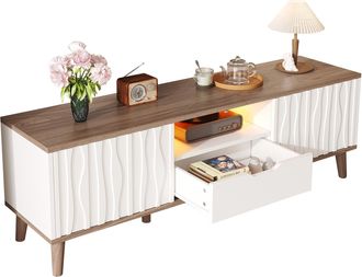 STILVORA Mueble Tv Con 2 Puertas Correderas, 1 Hueco Abierto Y Led Para Salon, En Mdf, Blanco Y Nogal Oscuro, 160&times;40&times;52 Cm