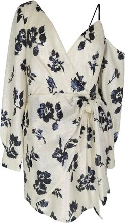 Self Portrait Floral Sequined Mini Wrap Dress in Ivory Polyamide