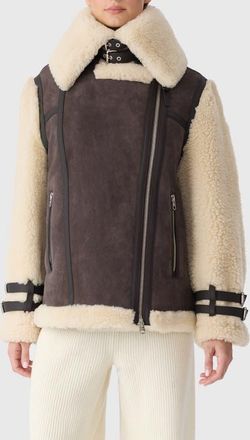 Mackage Rhoslyn Oversize Genuine Shearling Moto Jacket in Coffee-Natural at Nordstrom, Size Large