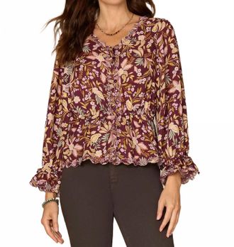 Democracy Long Tie Sleeve V-Neck Printed Woven Top In Floral