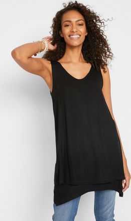 Bonprix Longtop BONPRIX Doppellagiges Long-Top aus Viskose-Mix, Damen, Gr. 40/42 (M), schwarz, Obermaterial: 95% Viskose, 5% Elasthan, A-Linie, Tops Longtop, 