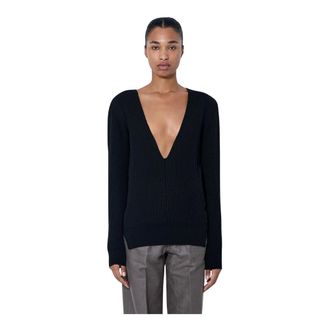 Rick Owens Truien & Vesten, Dames, Zwart, S, Wol, Trui met diepe V-hals en ribbels