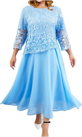 Generic Women Evening Gowns Elegant 3/4 Sleeve Embroidered Lace Maxi Dress Chiffon Modest Formal Cocktail Dresses Mothers of The Bride/Groom Outfits Plus Size