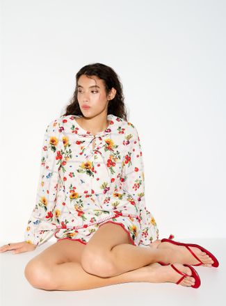 Icone Womens Peplum waist puff-sleeve poplin blouse