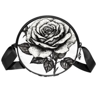 Generic Circle Crossbody Bag for Women, Black White Rose Small Sling Bag Daypack with Zipper Adjustable Shoulder Straps Casual Ladies Girls Round Purse